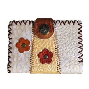 Whipstitch Floral Appliqué Leather Trifold Wallet